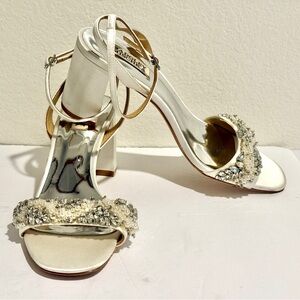 Badgley Mischka Ivory Beaded Open-Toe Block Heel Sandals